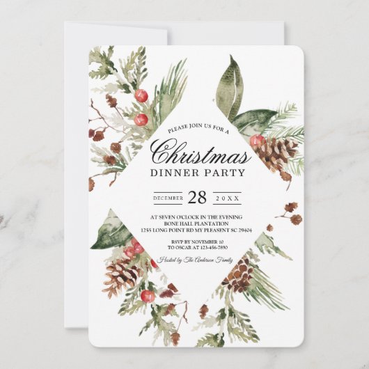 水彩冬緑松の木と松ぼっくり 招待状 (正面)