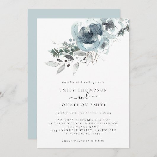 水彩冬花模様結婚クリスマス 招待状 (正面/裏面)