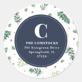 水彩冬葉クリスマス差出人住所 ラウンドシール