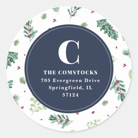 水彩冬葉クリスマス差出人住所 ラウンドシール (正面)