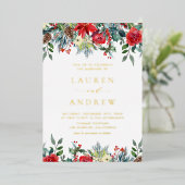 水彩冬開花ガーランドフローラ結婚ズ 箔招待状 (立ち正面)