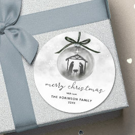 水彩出生グレーオーナメントメリークリスマス ラウンドシール