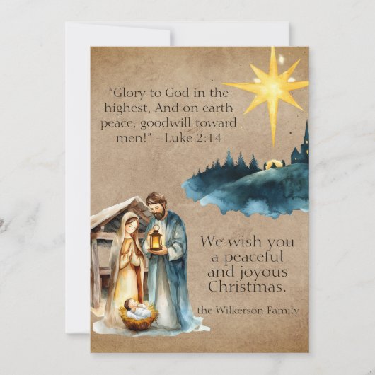 水彩出生シーン祈りの言葉パーチメント シーズンカード (正面)