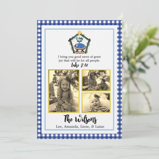 水彩出生ブループレイドクリスマスカード 案内状 (スタンド正面)