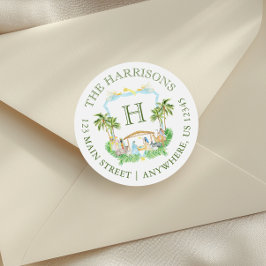 水彩出生モノグラムクレストクリスマス ラウンドシール