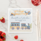 水彩列車と飛行機の男の赤ちゃんブルー スタンダードランチョンナプキン (インサイチュ)