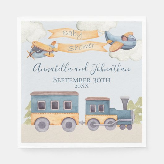 水彩列車と飛行機の男の赤ちゃんブルー スタンダードランチョンナプキン (正面)