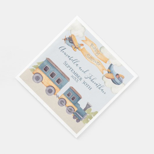 水彩列車と飛行機の男の赤ちゃんブルー スタンダードランチョンナプキン (角)