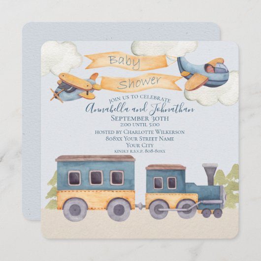 水彩列車と飛行機の男の赤ちゃんブルー 招待状 (正面/裏面)