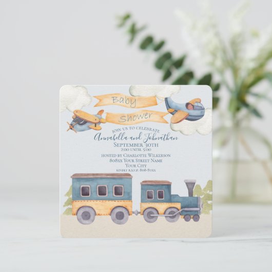 水彩列車と飛行機の男の赤ちゃんブルー 招待状 (スタンド正面)