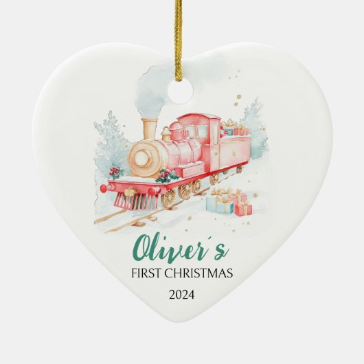 水彩列車のカスタム初めてのクリスマス セラミックオーナメント (裏面)
