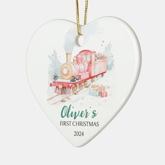 水彩列車のカスタム初めてのクリスマス セラミックオーナメント (左)