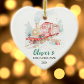 水彩列車のカスタム初めてのクリスマス セラミックオーナメント
