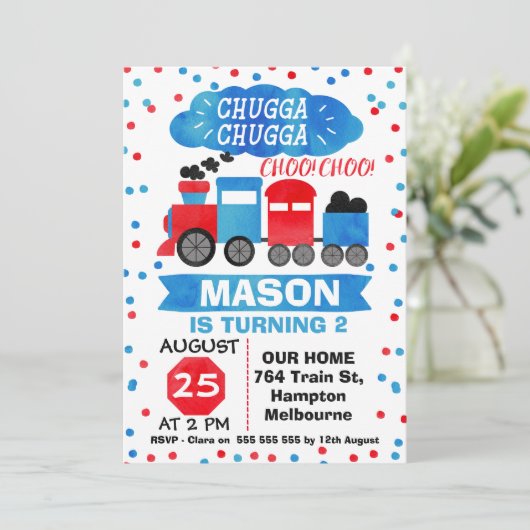 水彩列車の誕生日パーティーへの招待 招待状 (スタンド正面)