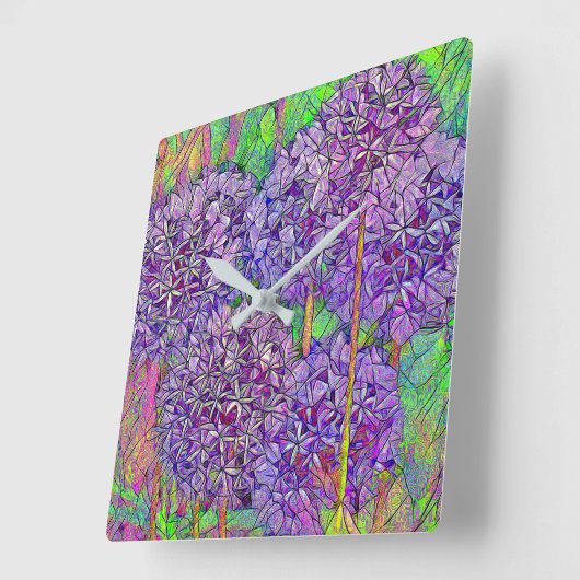 水彩効果を持つ紫色のネギのモザイク スクエア壁時計 (傾斜)