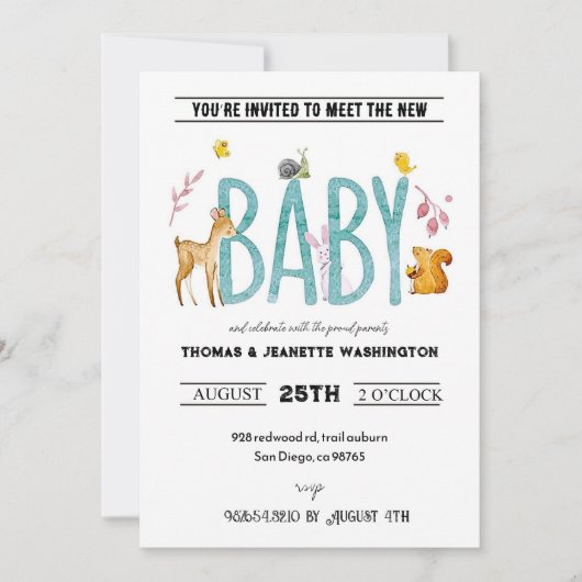 水彩動物たち - お茶会＆赤ちゃんお披露目会 招待状 (正面)