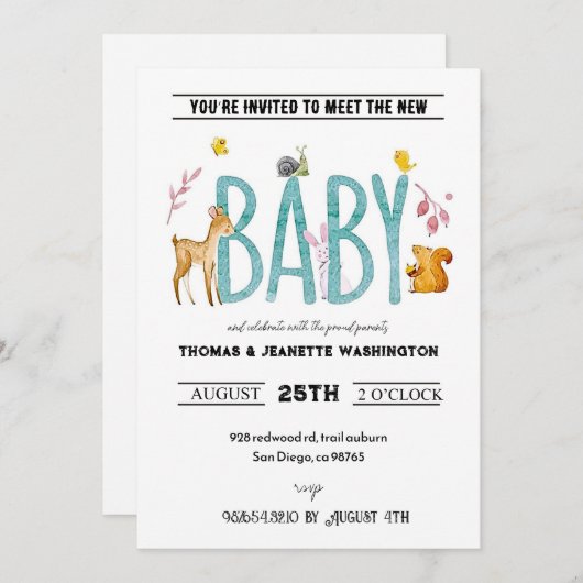 水彩動物たち - お茶会＆赤ちゃんお披露目会 招待状 (正面/裏面)