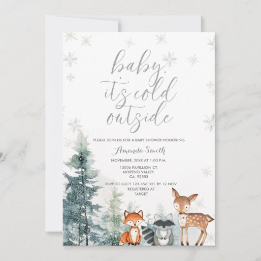 水彩動物の冷たい屋外ベビーシャワー 招待状 (正面)