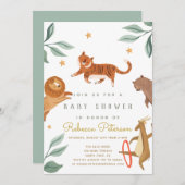 水彩動物の緑の赤ちゃんシャワーの招待 (正面/裏面)