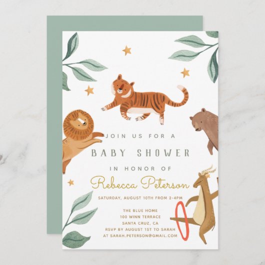 水彩動物の緑の赤ちゃんシャワーの招待 (正面/裏面)