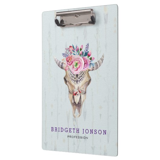 水彩動物の芽と花を持つスカル クリップボード (左)