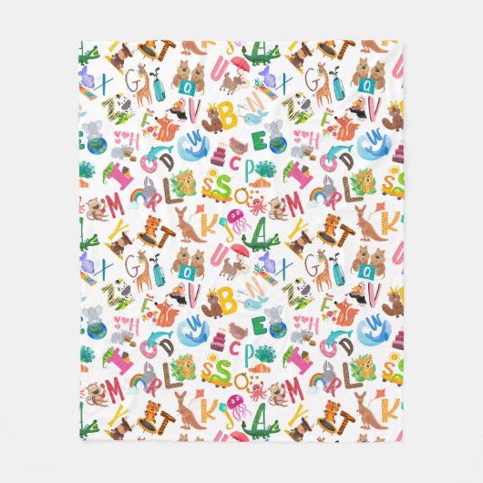 水彩動物アルファベットかわいい子供たち フリースブランケット (正面)