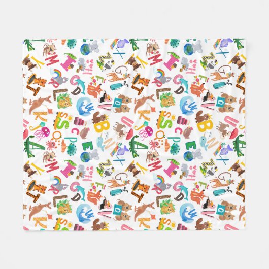 水彩動物アルファベットかわいい子供たち フリースブランケット (正面(横))