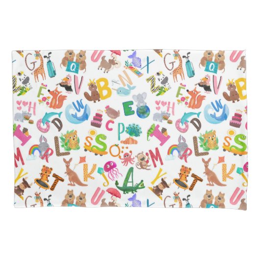 水彩動物アルファベットかわいい子供たち 枕カバー (正面)