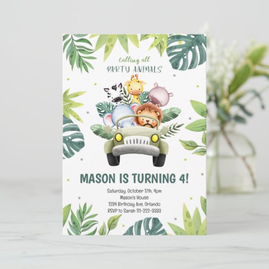 水彩動物サファリカー誕生日招待状 招待状 (スタンド正面)