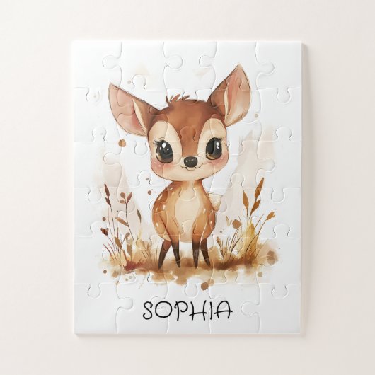 水彩動物パーソナライズされた鹿子供の誕生日 ジグソーパズル (縦)