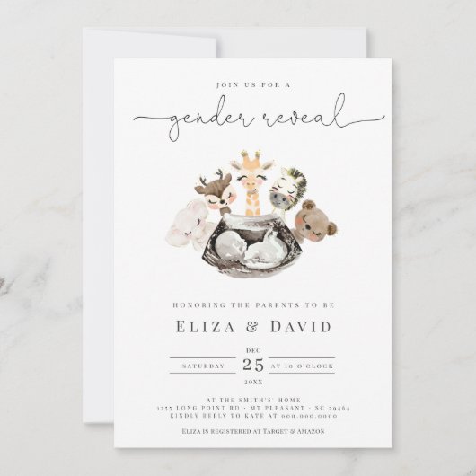 水彩動物フェイク金ゴールドモダン性リビール 招待状 (正面)