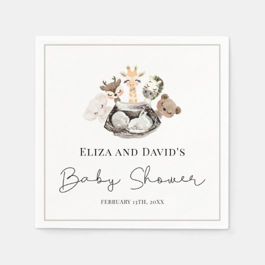 水彩動物フェイク金ゴールドモダン赤ちゃんシャワー スタンダードカクテルナプキン (正面)
