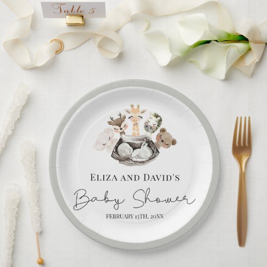 水彩動物フェイク金ゴールドモダン赤ちゃんシャワー ペーパープレート (ウェディング)