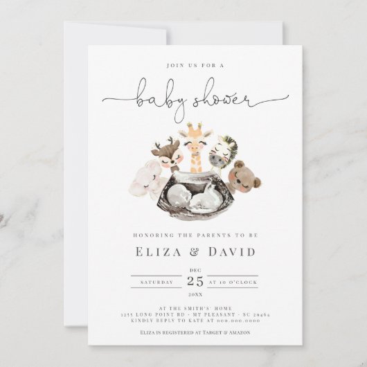 水彩動物フェイク金ゴールドモダン赤ちゃんシャワー 招待状 (正面)