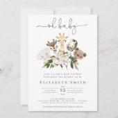 水彩動物用金ゴールドフェイクフローラあらベビーシャワー 招待状 (正面)