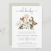 水彩動物用金ゴールドフェイクフローラあらベビーシャワー 招待状 (正面/裏面)