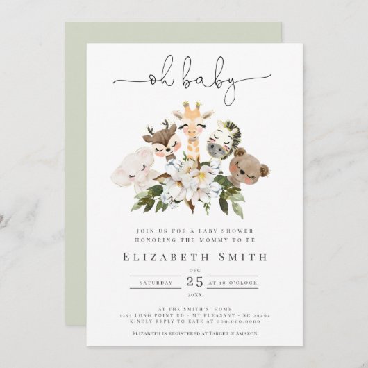 水彩動物用金ゴールドフェイクフローラあらベビーシャワー 招待状 (正面/裏面)