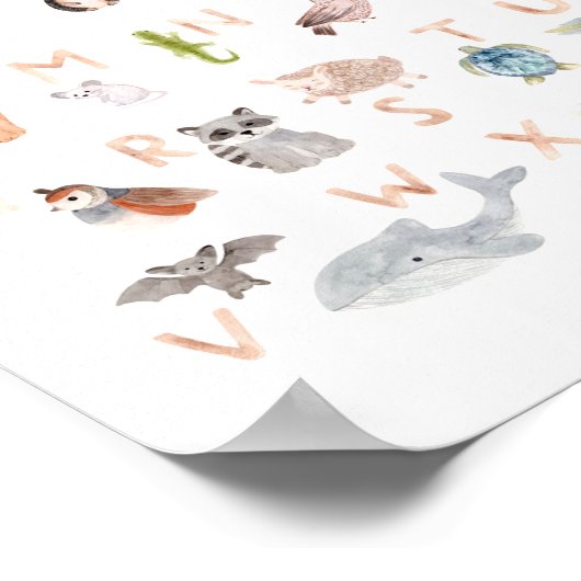 水彩動物abcキッズアルファベット。子供部屋室 ポスター (角)