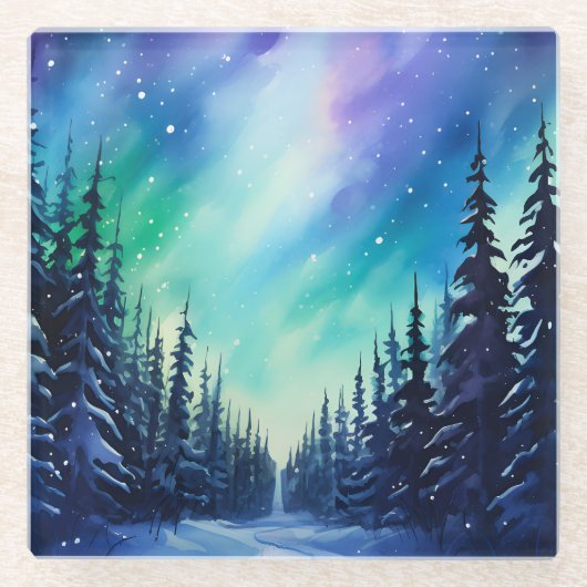 水彩北方灯オーロラボレアリス ガラスコースター (正面)
