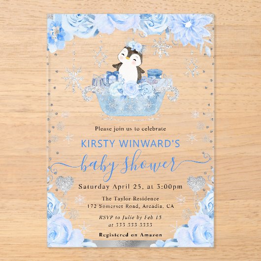 水彩北極ペンギンフローラベビーシャワー アクリル招待状 (正面)