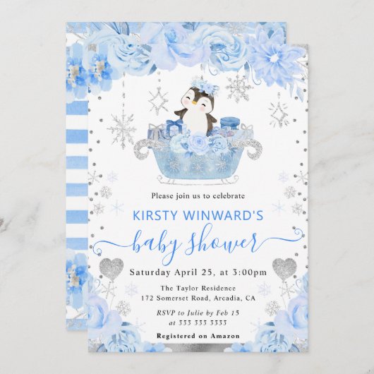 水彩北極ペンギンフローラベビーシャワー 招待状 (正面/裏面)