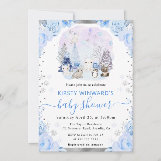 水彩北極動物フローラ赤ちゃんシャワー 招待状 (正面)