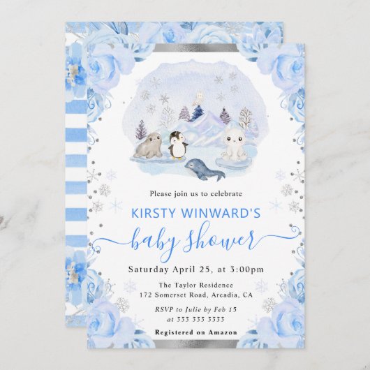 水彩北極動物フローラ赤ちゃんシャワー 招待状 (正面/裏面)