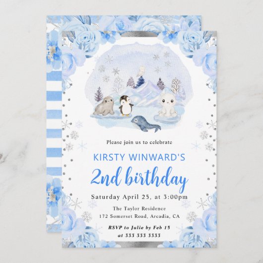 水彩北極動物フローラ2nd誕生日 招待状 (正面/裏面)