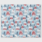 水彩北欧の冬の家々雪のクリスマス ラッピングペーパー (フラット)