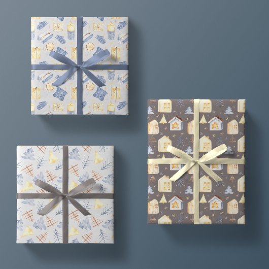 水彩北欧ハイゲキュートなクリスマス3パックギフト ラッピングペーパーシート