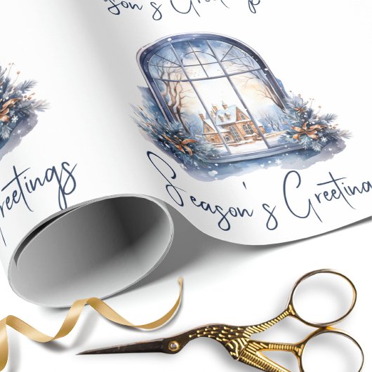 水彩北欧ブルー雪のクリスマス伝統的 ラッピングペーパー