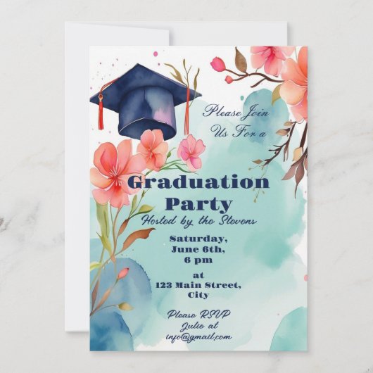 水彩卒業お祝い 招待状 (正面)