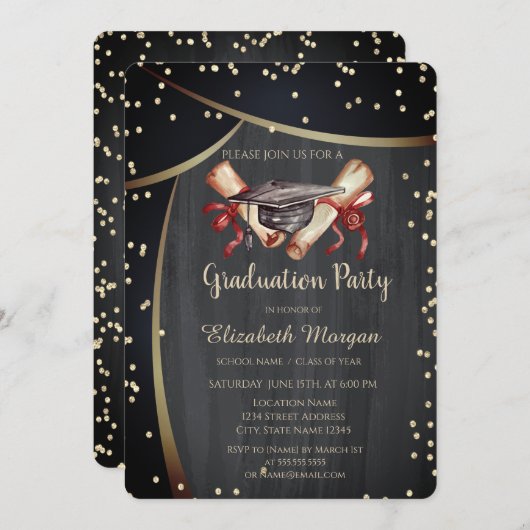 水彩卒業キャップ、ダイヤモンドブラック 招待状 (正面/裏面)