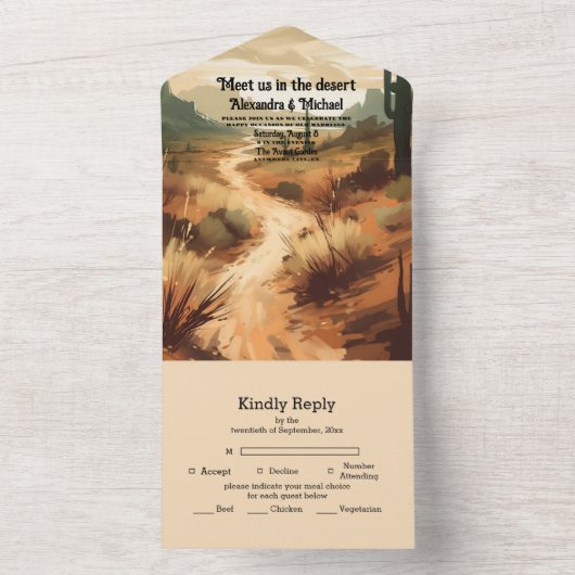水彩南西部の砂漠とサボテン結婚ズ オールインワン招待状 (内側)